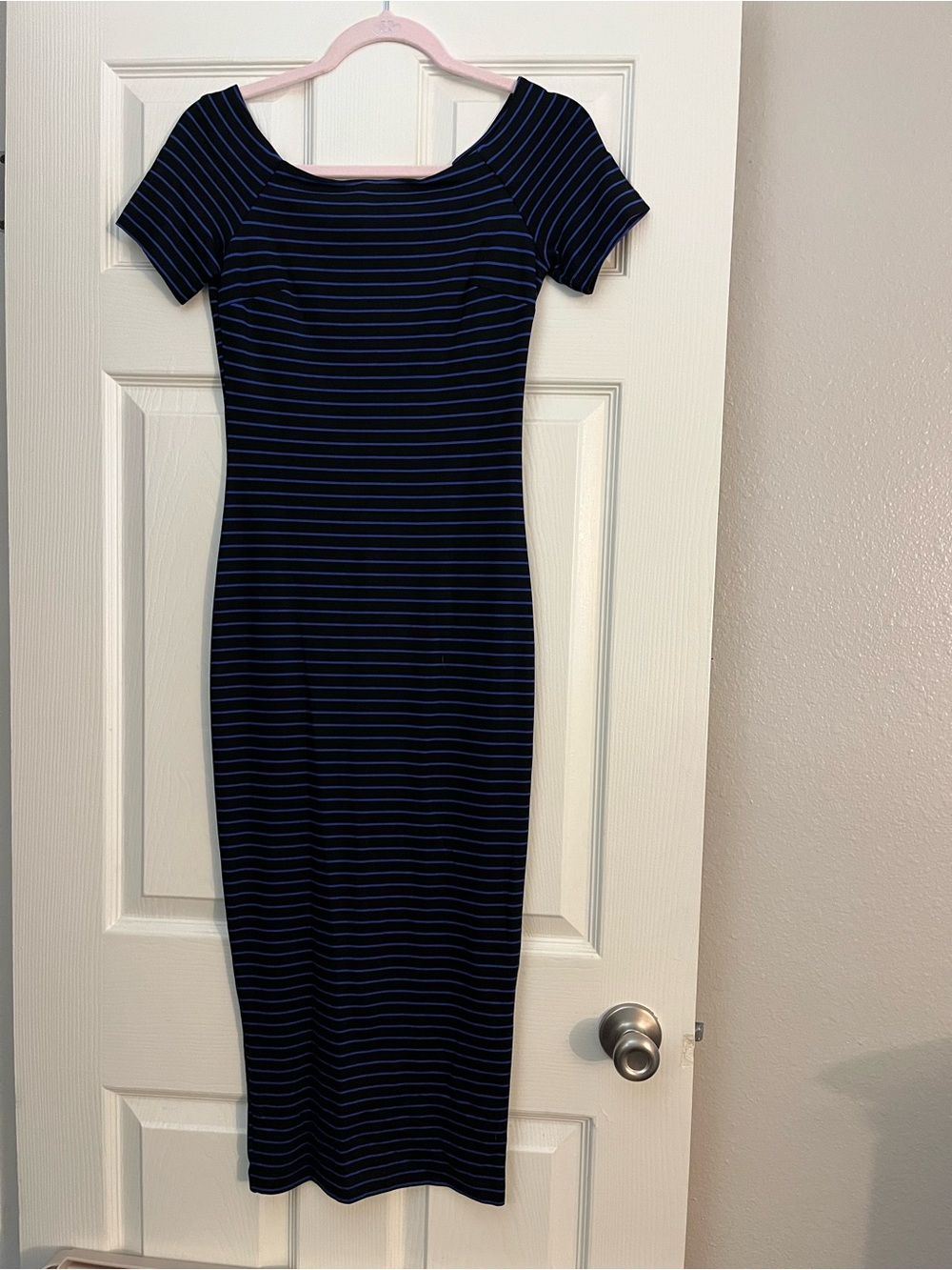 Torn by Ronny Kobo Navy Dress with Light Blue Stripes Midi